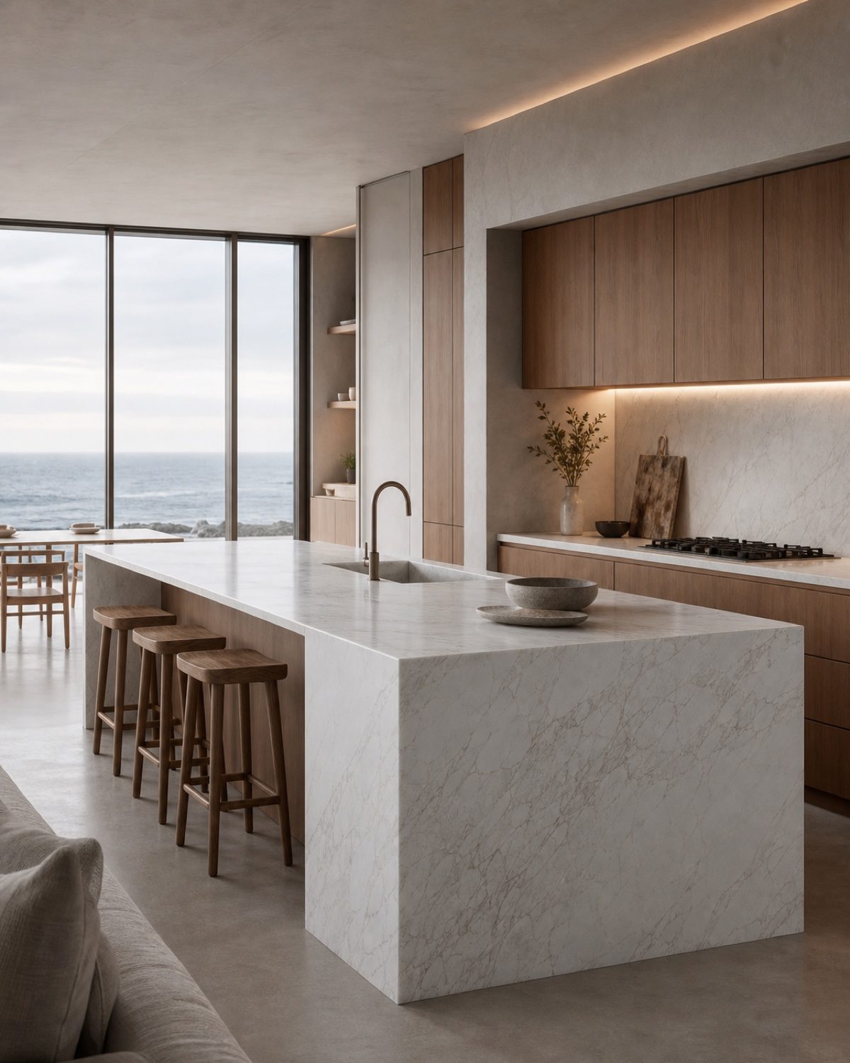 Contemporary coastal kitchen with a marble waterfall island