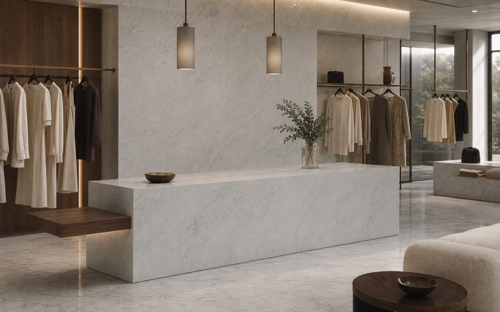 Flagship retail interior with a long marble service counter