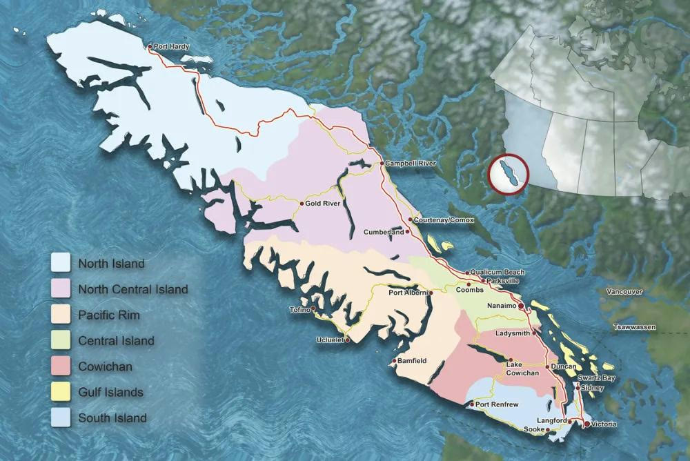Map of Vancouver Island with the Leo d'Or deposit marked at the north end